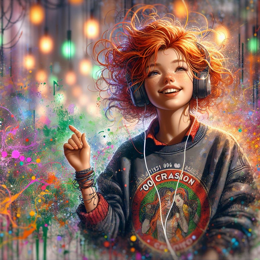 Redhead Dancing with Headphones in Matte Painting Style