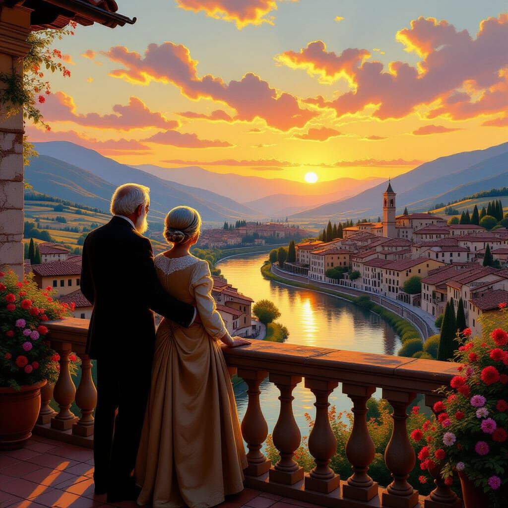 Elegant Couple Gazing at Italian Village Sunset