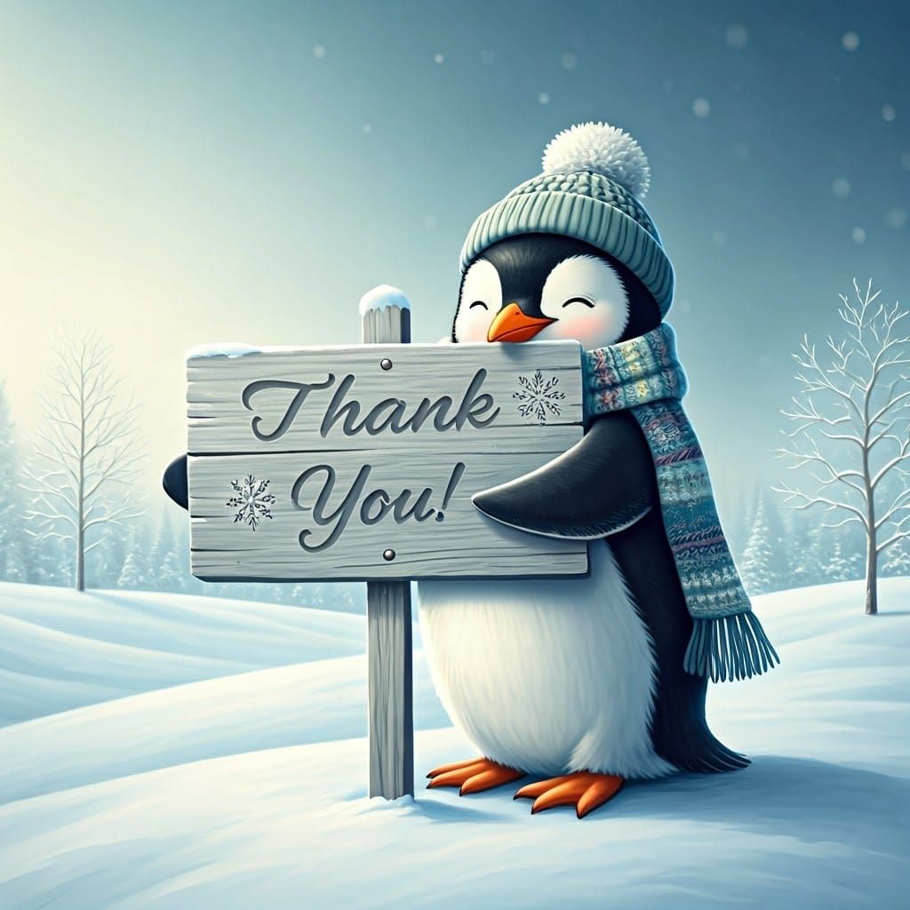 Penguin Grateful in Snowy Winter Wonderland