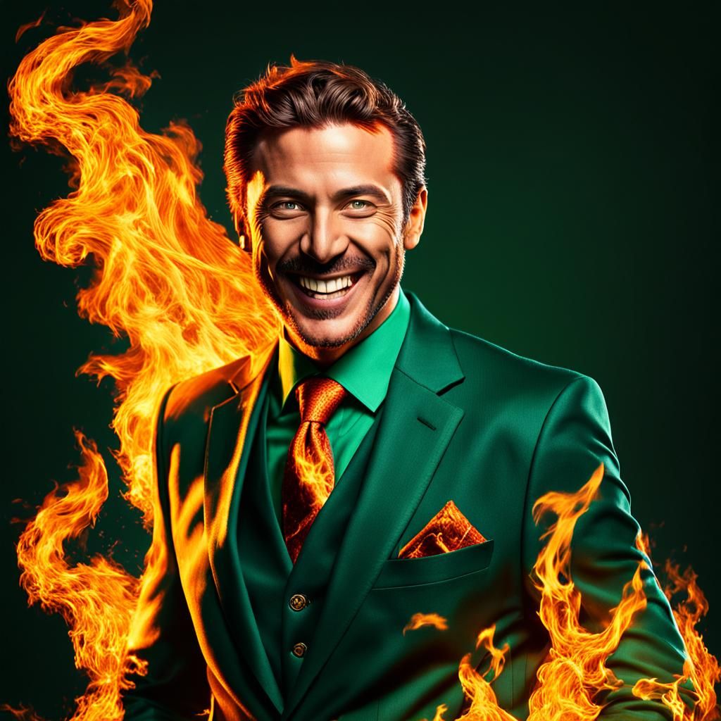 Fiery Djinn Portrait in Dark Green Suit
