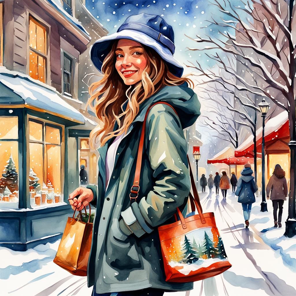 Girl with Bucket Hat on Winter Street: Watercolor Illustrati...