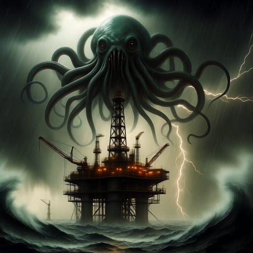 Colossal Cthulhu Awakens Over Oil Rig in Hurricane