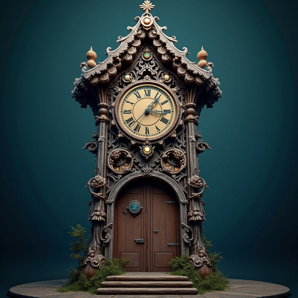 Intricately Carved Wooden Clock Tower in Fantasy Style