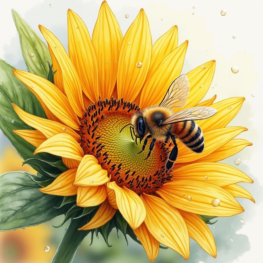 Watercolor Honeybee Surrounded by Spring Sunflower