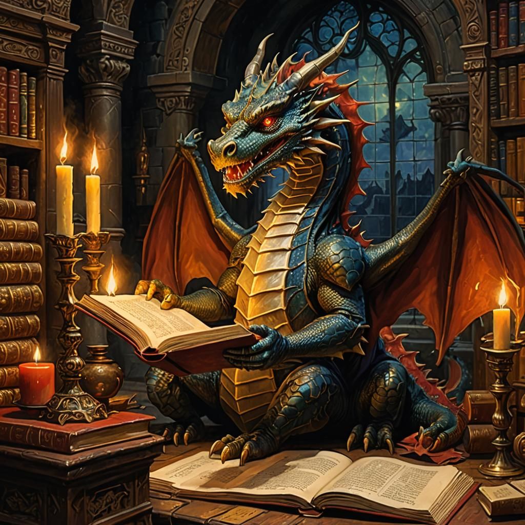 Dragon Reads Glowing Tome: Pre-Raphaelite Oil Painting