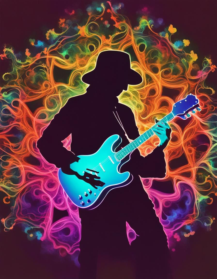 Psychedelic Silhouette of Hippie with Guitar