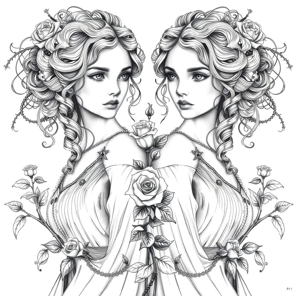 Mirrored Women Joined by Vines: Graphite Pencil Sketch