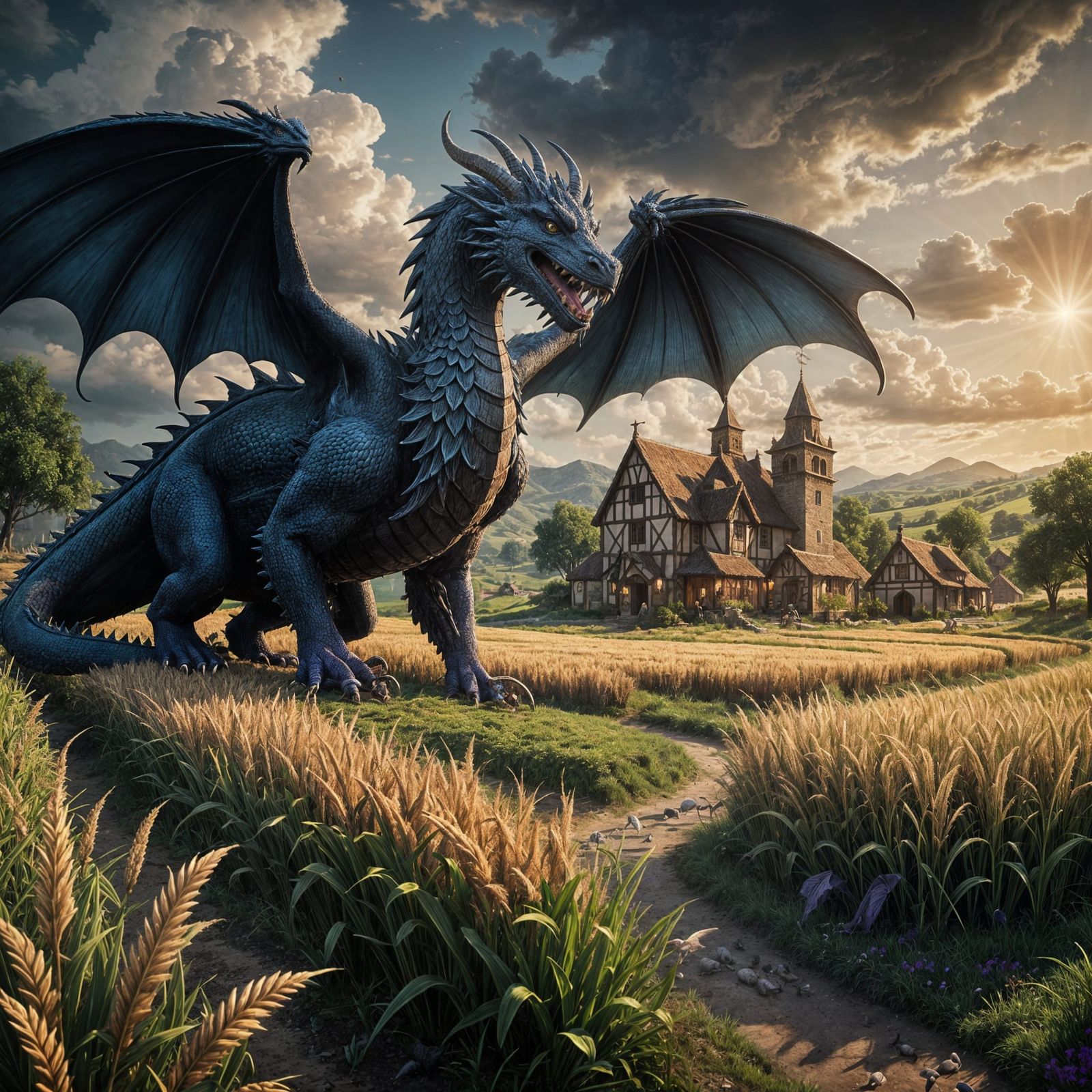 Medieval Azure Dragon Surrounded by Harvesting Villagers