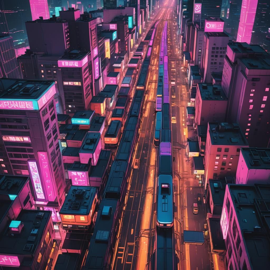 City View with Train in Synthwave Neon Style
