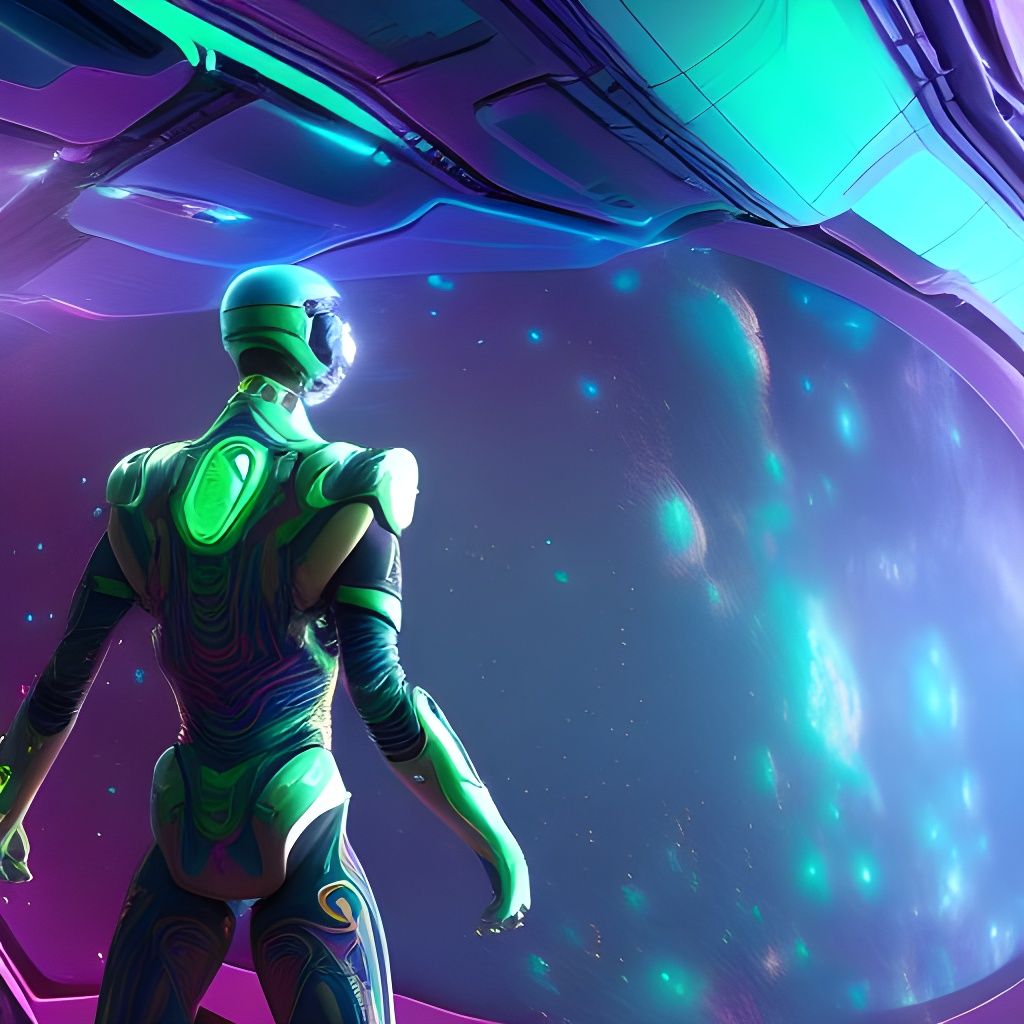 Futuristic Hero in Super Suit with Cosmic Background