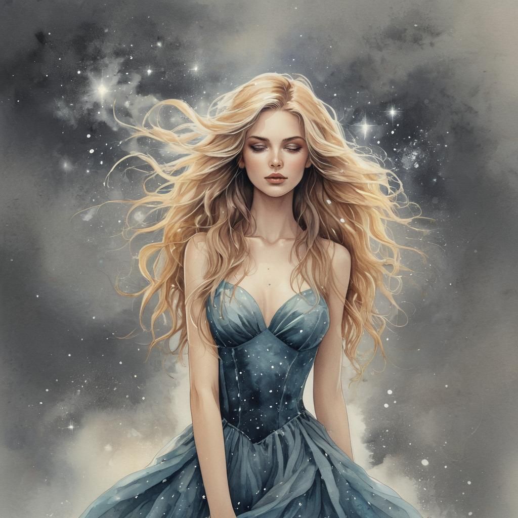 Cosmic Woman with Starry Hair in Ethereal Gown