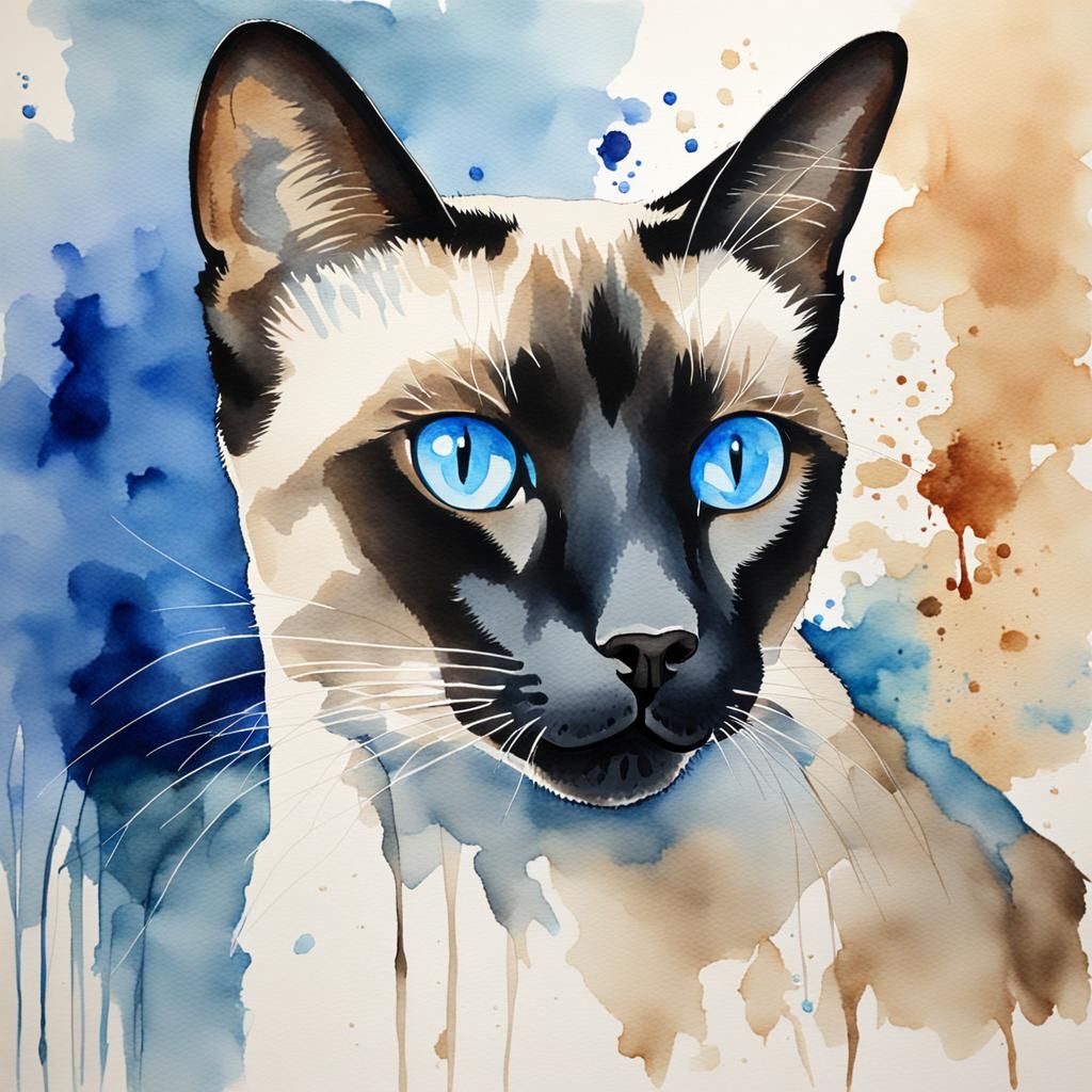 Elegant Siamese Cat Watercolor Painting with Blue Eyes