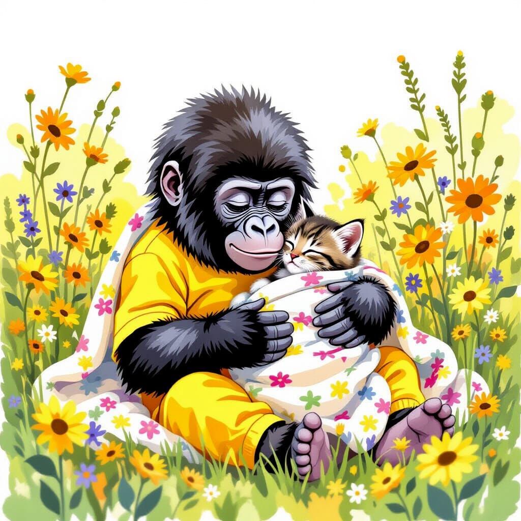 Baby Gorilla Cradling Kitten in Flower Field