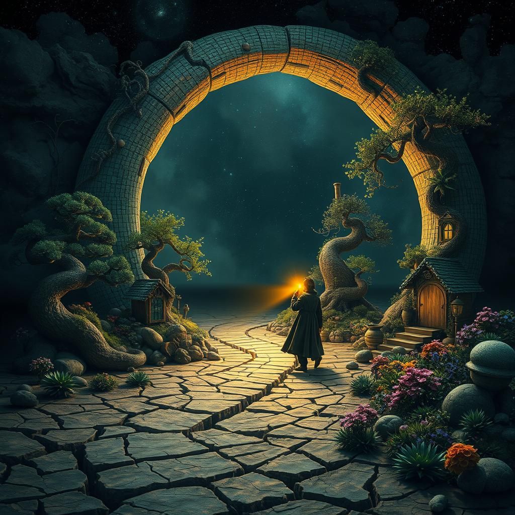 Mystical Stargate Scene with Figure and Bonsai Trees