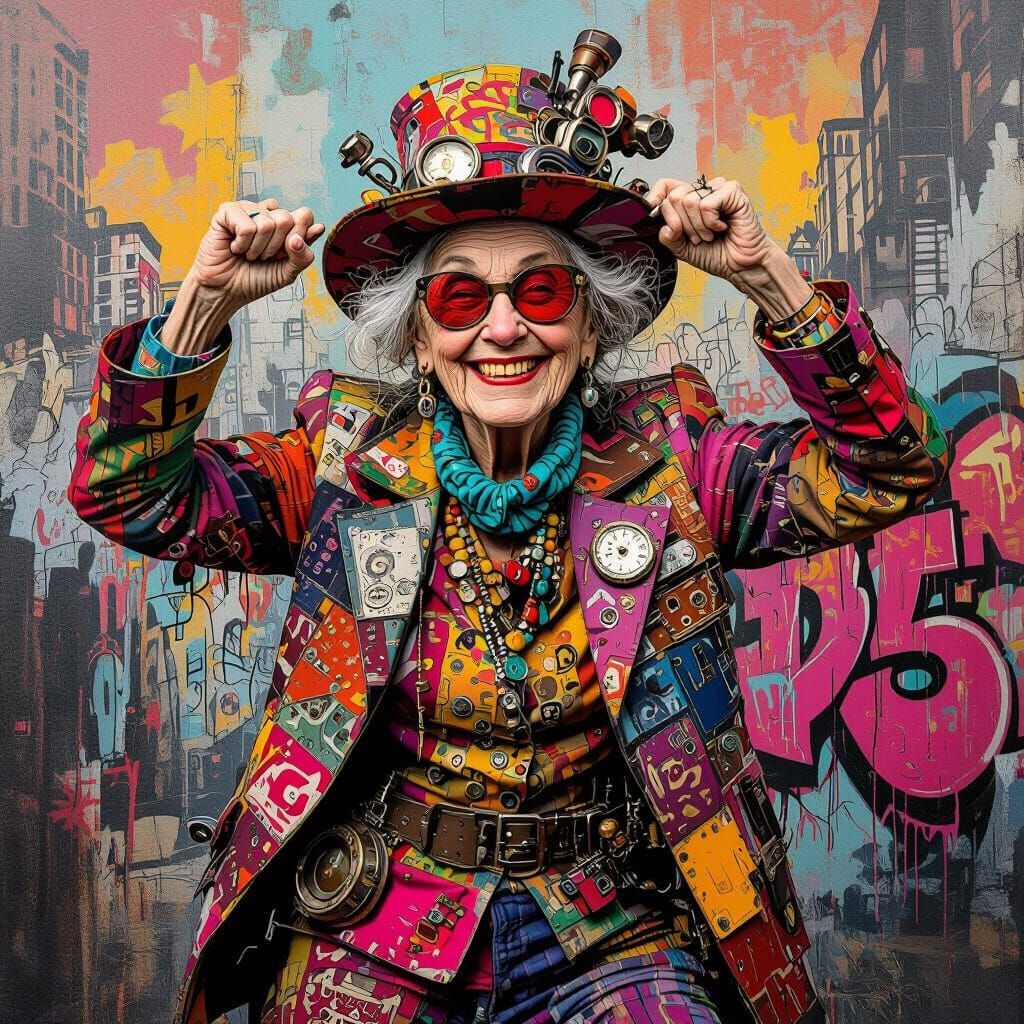 Elderly Woman Caricature in Recycled Outfit, Expressive Inkw...