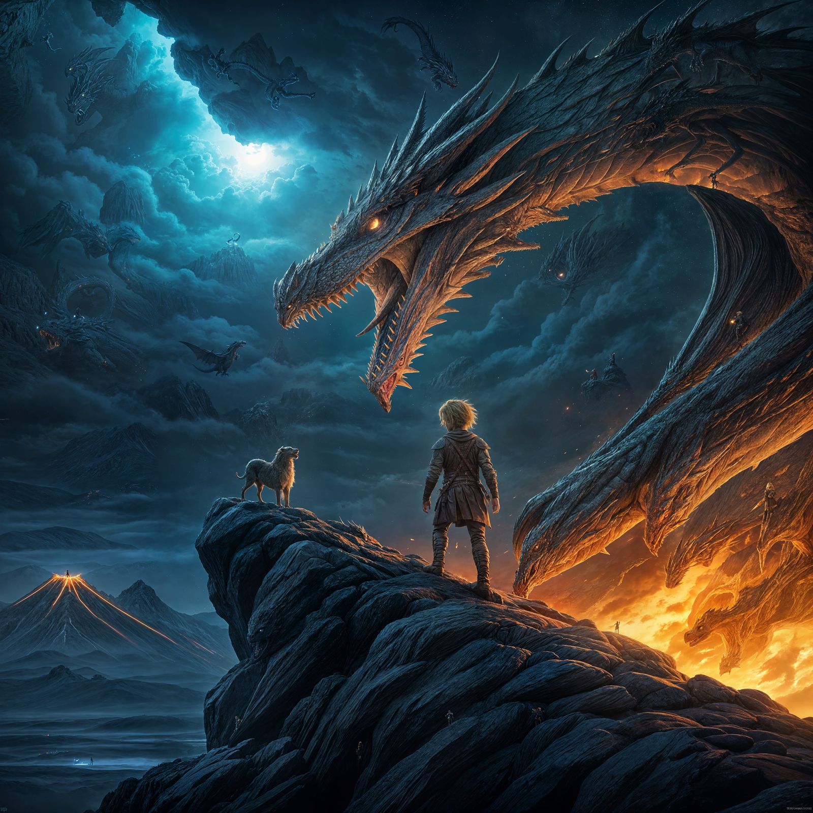 Boy and Dragon on Cliff in Dramatic Lighting