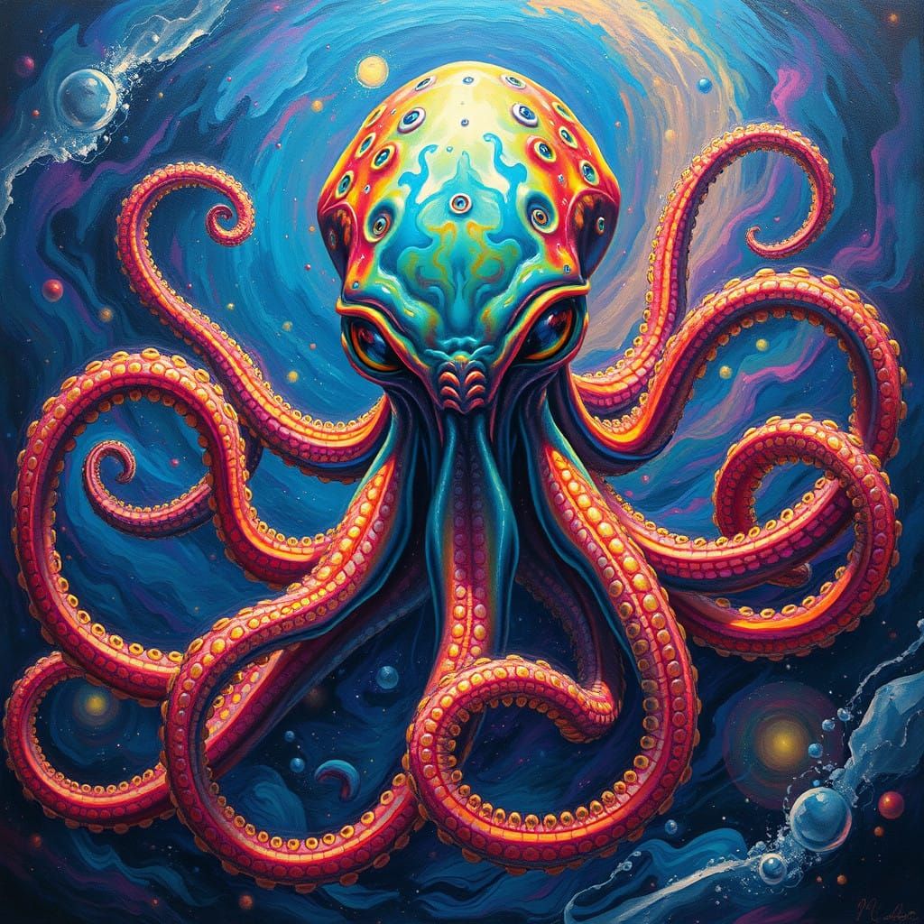 Ethereal Cosmic Encounter with Iridescent Alien