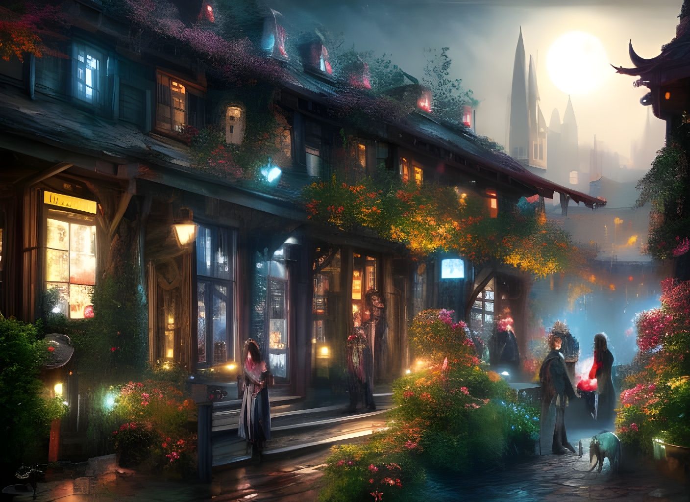 Sinister Cafe Scene with Vampires and Witches