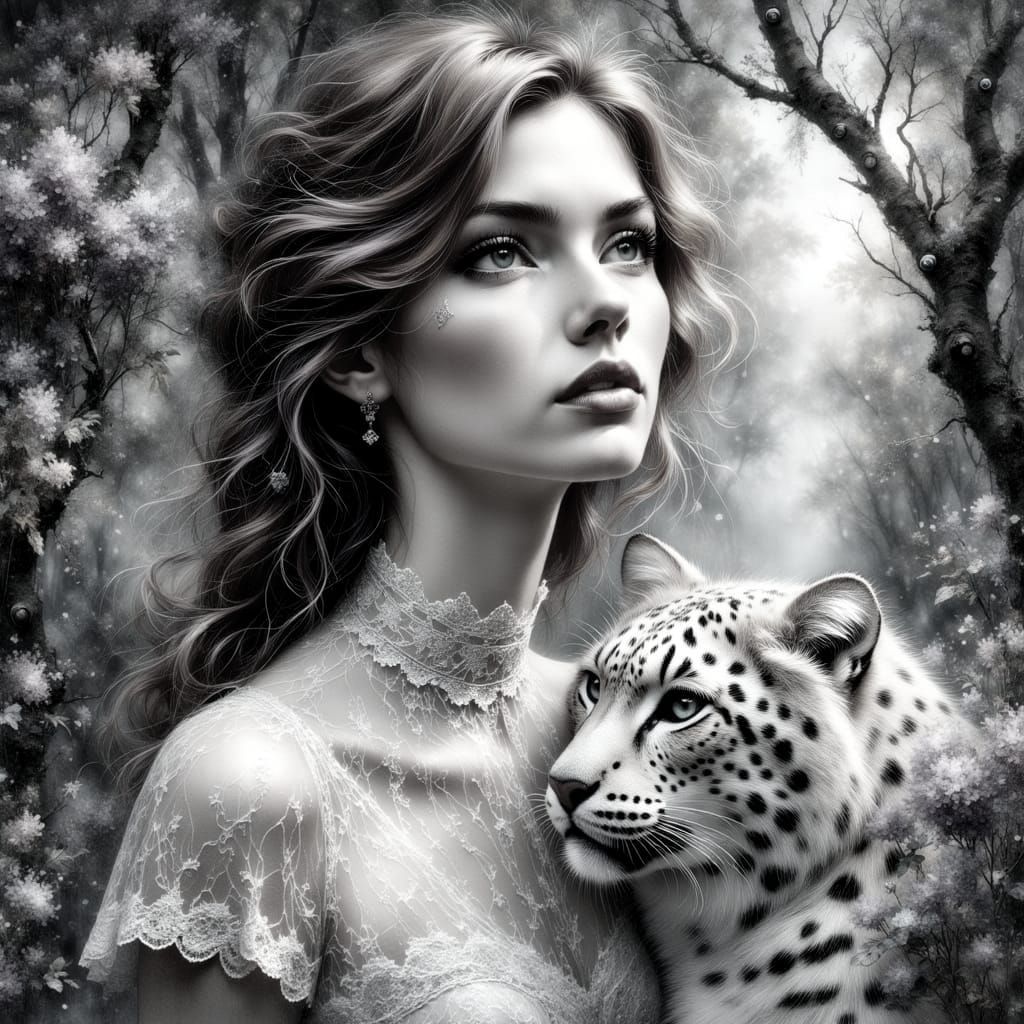 Ethereal Woman in Vintage Lace with Majestic Snow Leopard