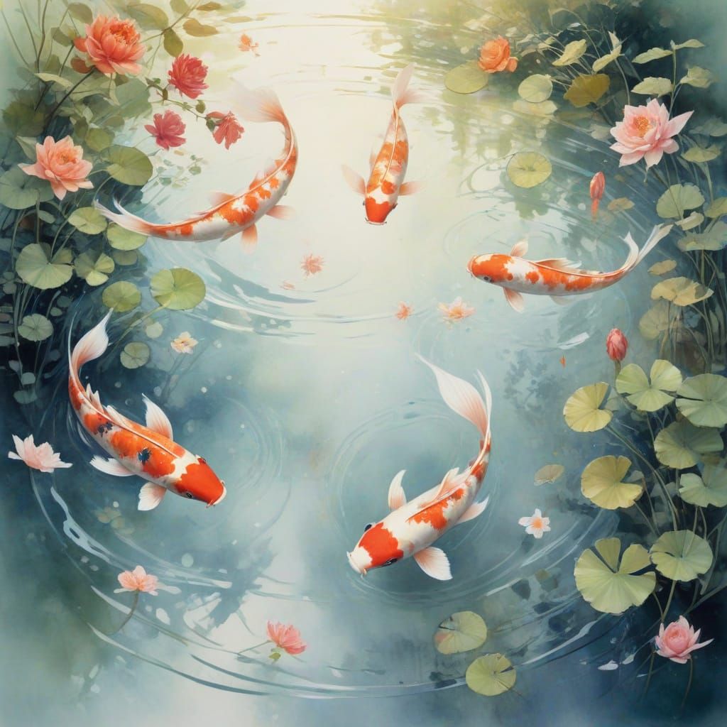 Singing Koi Leap Through Musical Note Trails in Watercolour