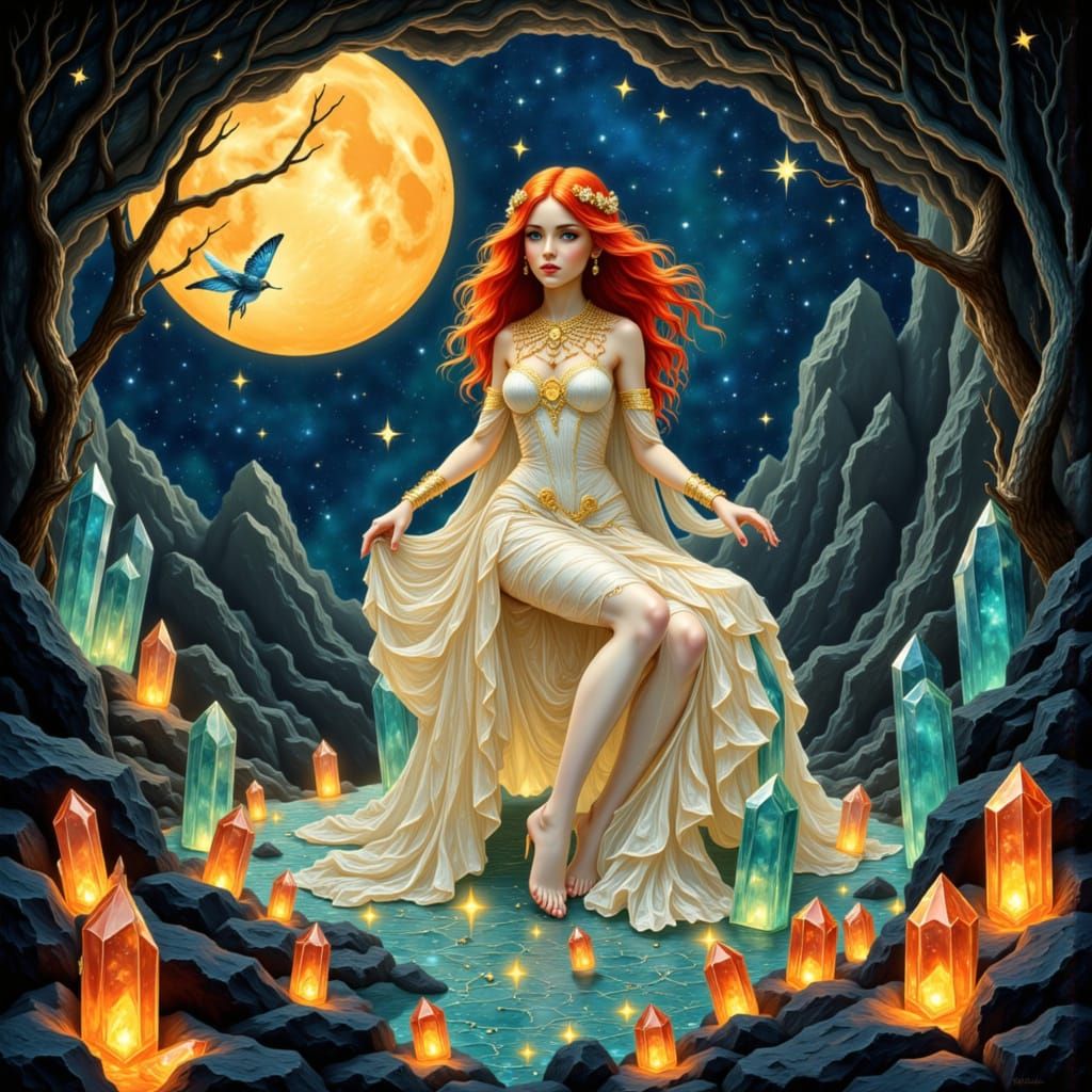 Celestial Maiden in Bioluminescent Grotto, Art Nouveau Style