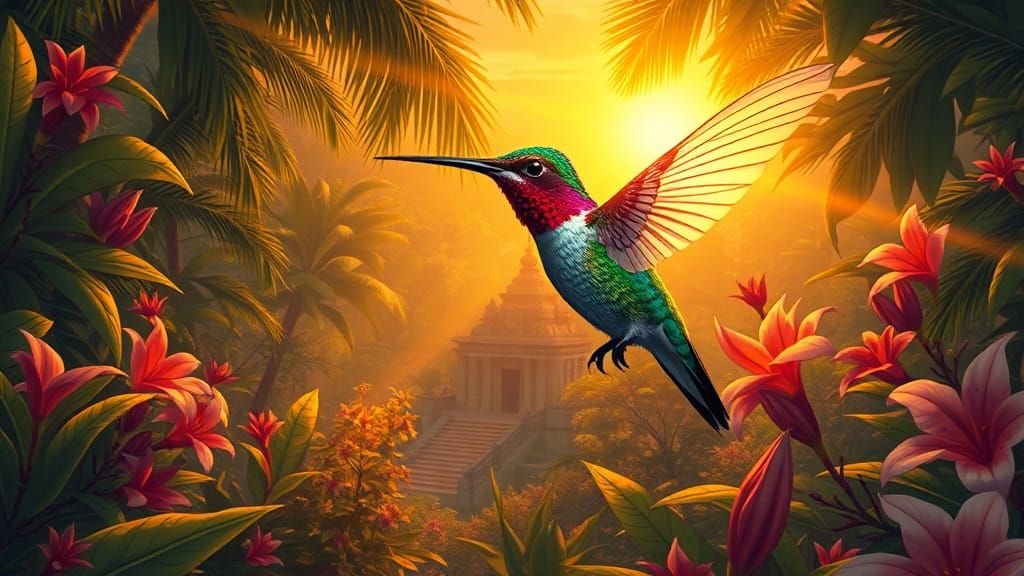 Hummingbird in Jungle During Golden Hour
