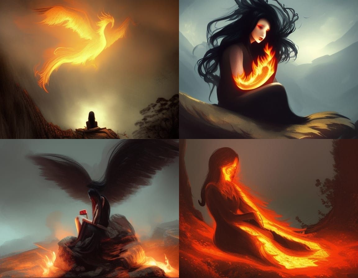 Girl Reaching for Phoenix: Dark Fantasy Concept Art