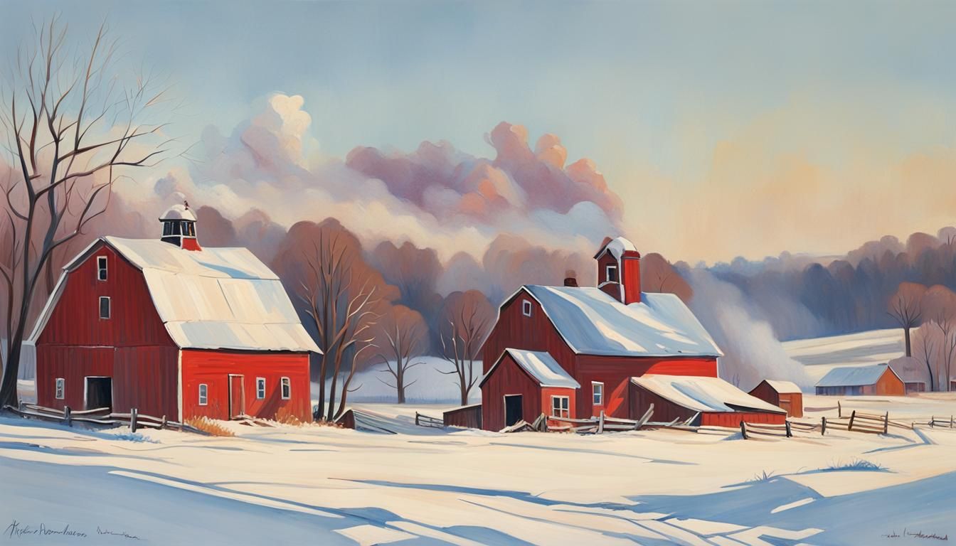 Americana Winter Farm Scene Painting