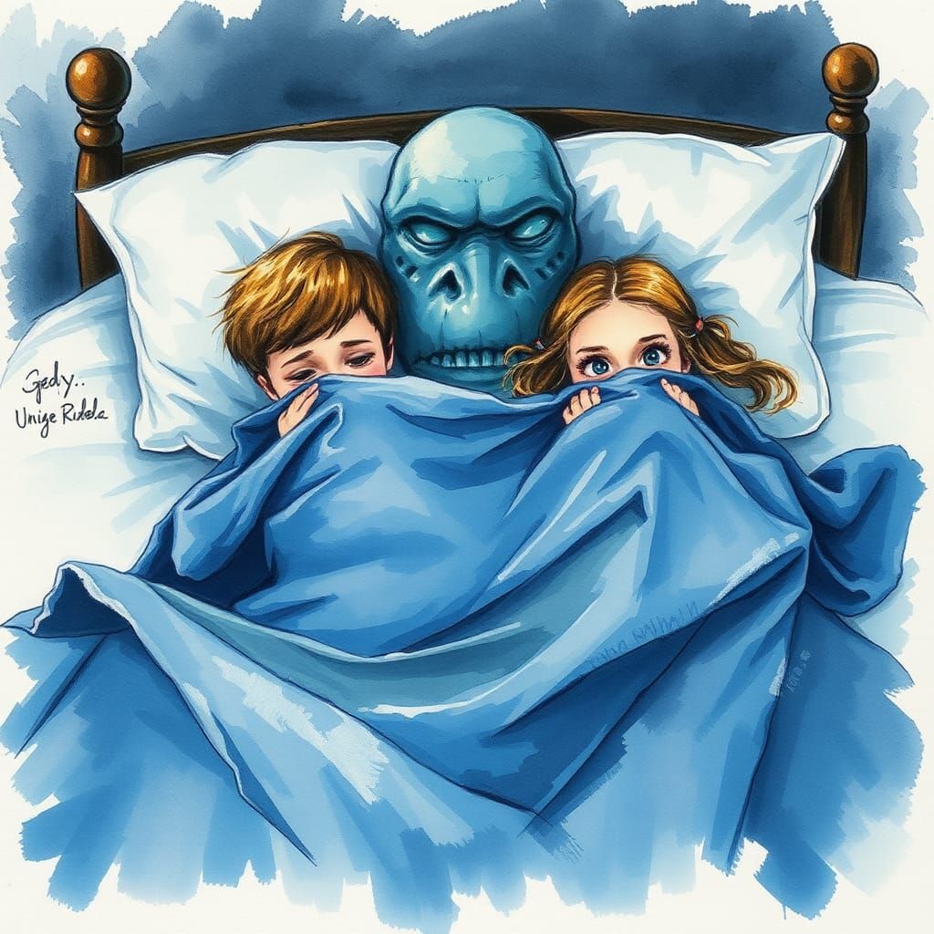 Children Afraid of Monster Under Bed in Brush Stroke Style