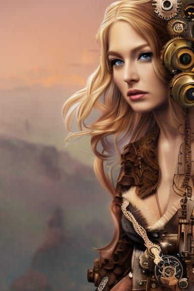Steampunk Goddess in a Hyper-Detailed Cityscape
