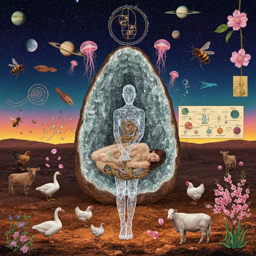 Druid in Dream Plasma Adorns Bioluminescent Body in Geode