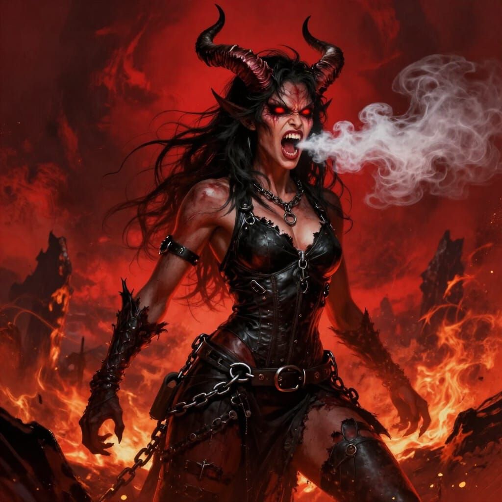 Fierce Demon Girl in Fiery Landscape