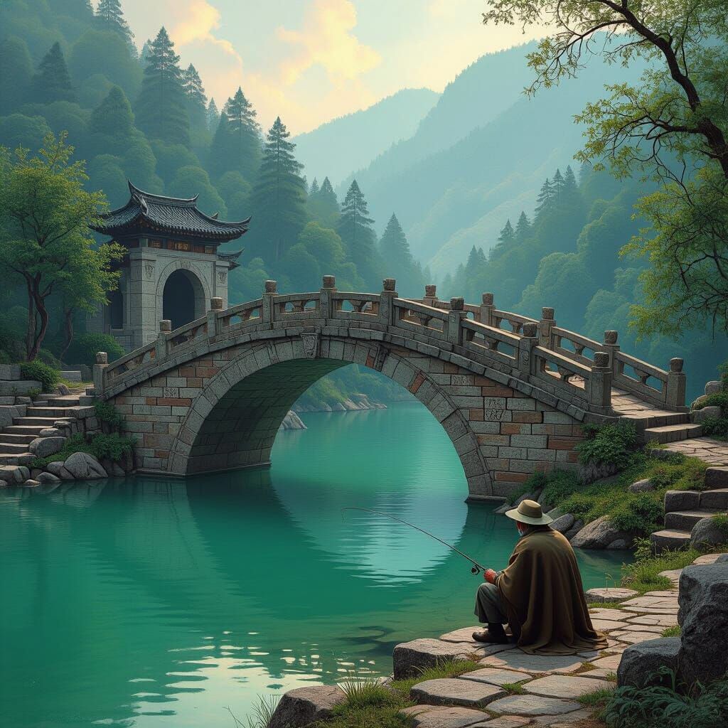 Ancient Bridge and Fisherman at Dusk
