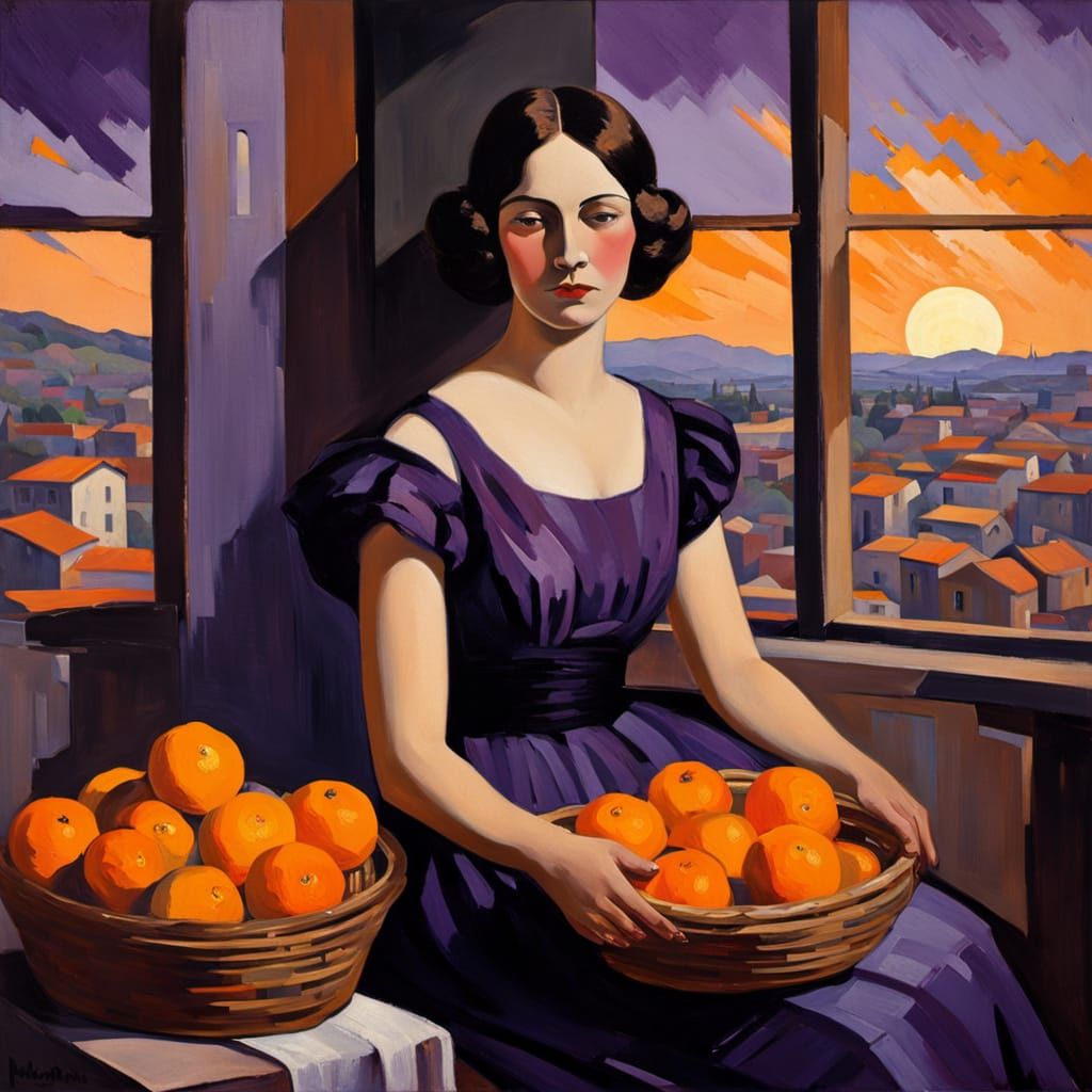 Distorted Portrait of Woman in Dark Purple Dress with Orange...