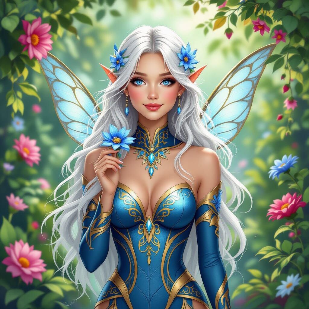 Fairy in Lush Garden, Dreamlike Illustration