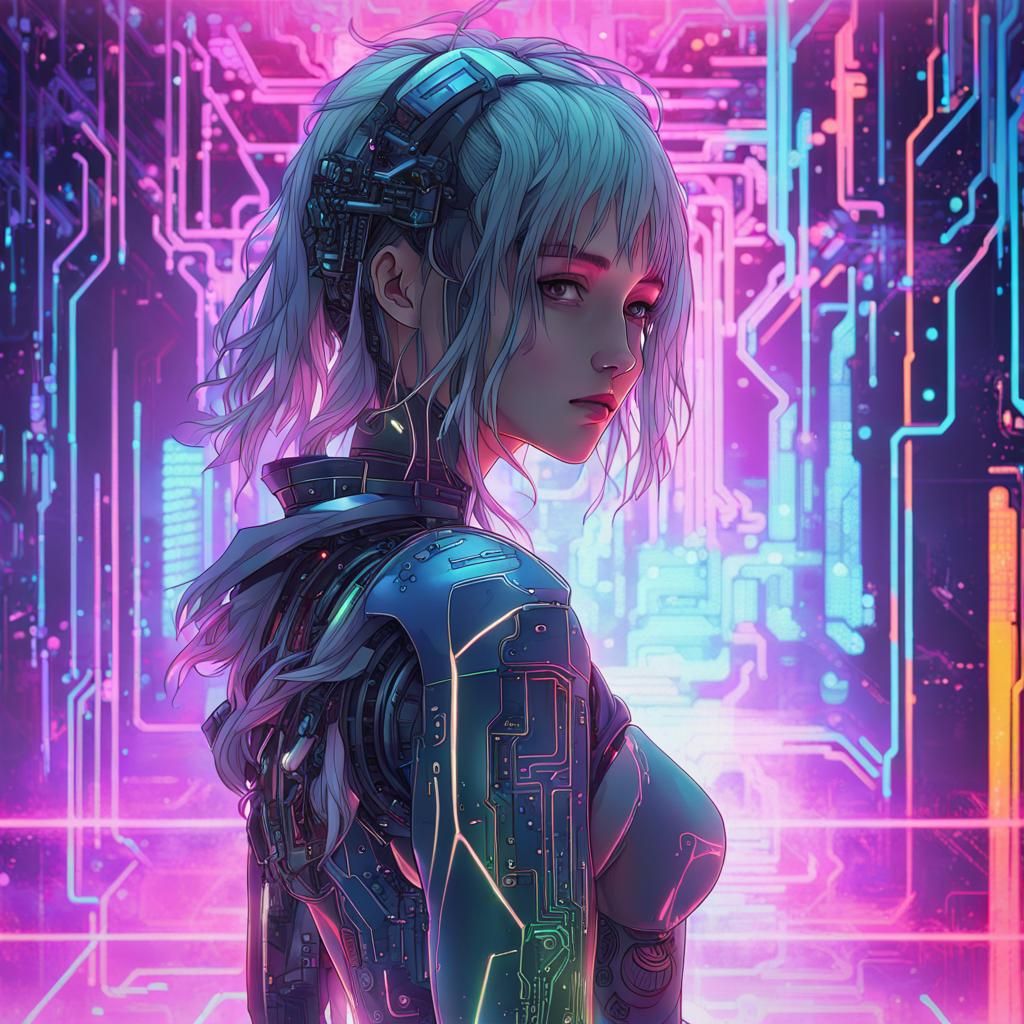 Lonely Cyber Anime Maiden in Neon Cyberspace