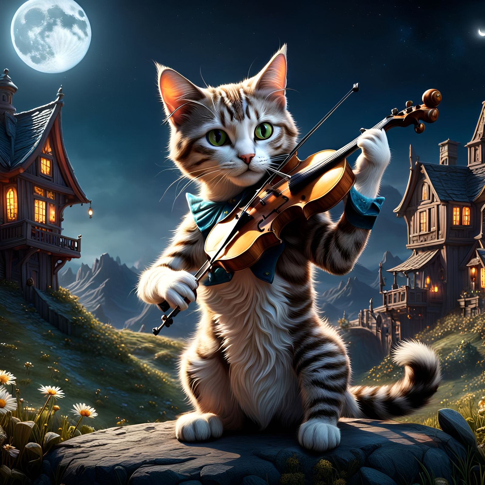 Cat and Fiddle Under the Moon: Fantasy Art