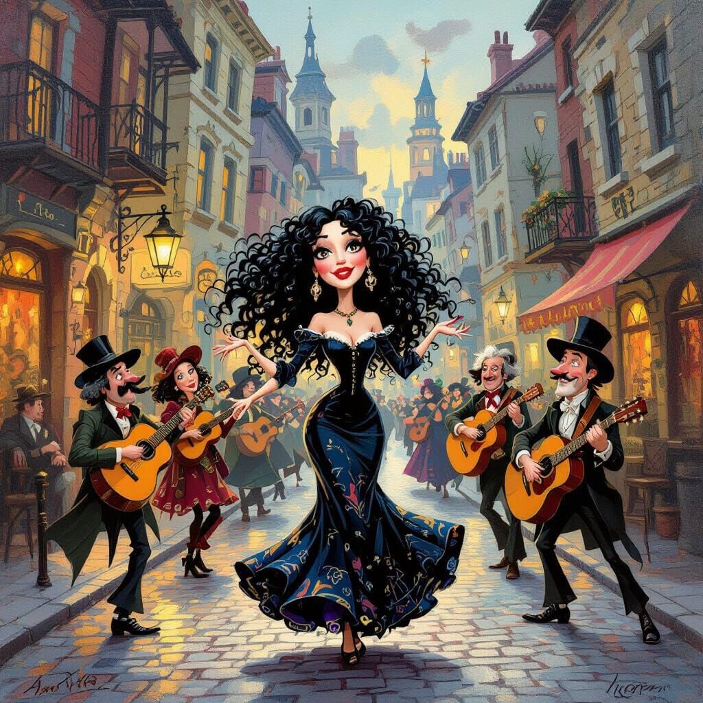 Gypsy Dancer in Romantic Era Street Scene