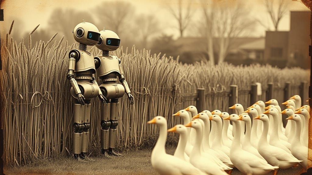 Vintage Robots Standing Beside Geese Amidst a Sepia-Toned La...