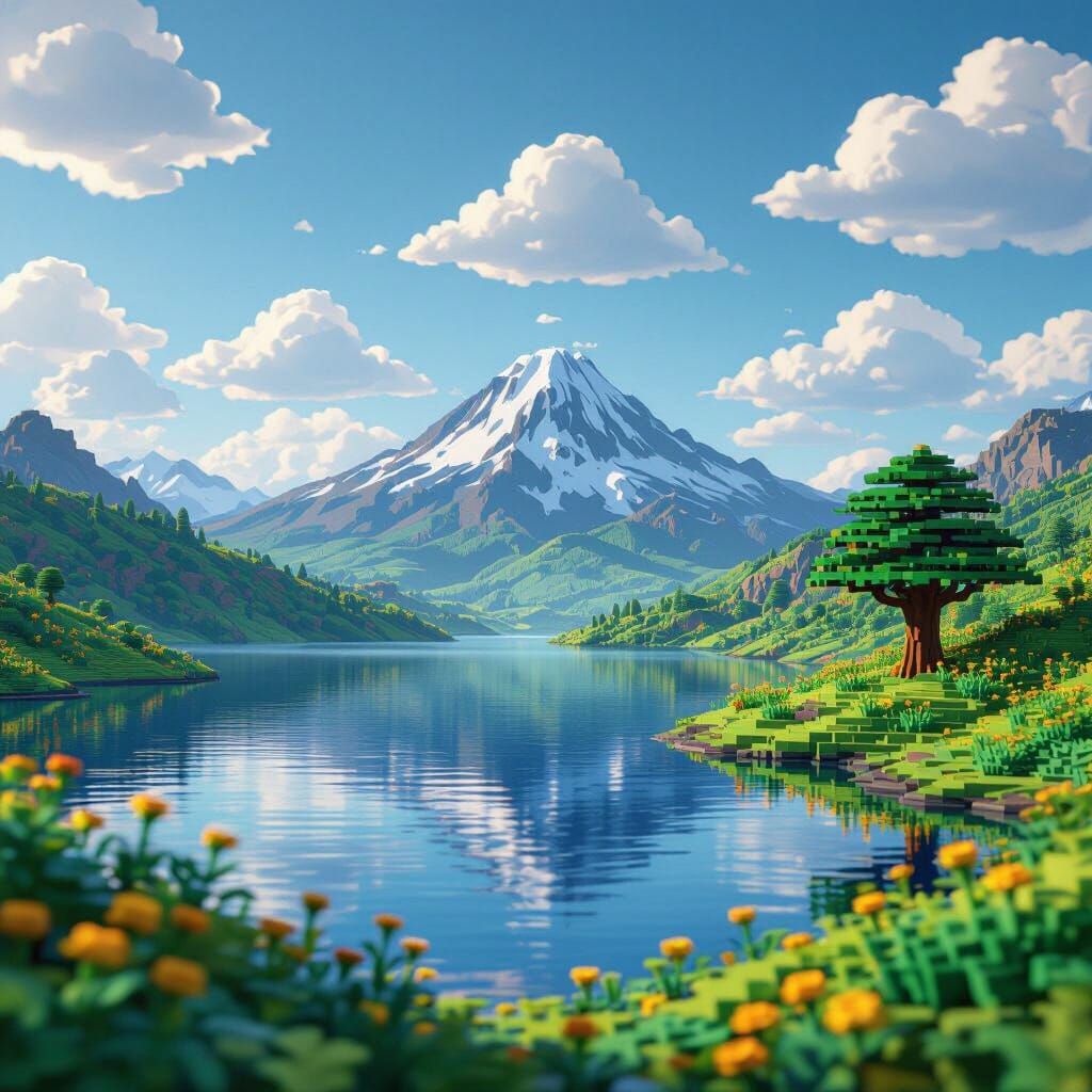 LEGO Landscape with Mountain and Lake in Anime Style