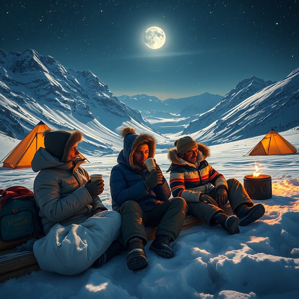 Winter Campers Savor Hot Chocolate Under Starry Alpine Sky