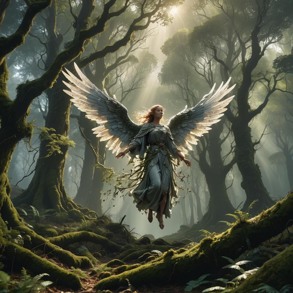 Angel Flees Through Misty Forest: Fantasy Concept Art