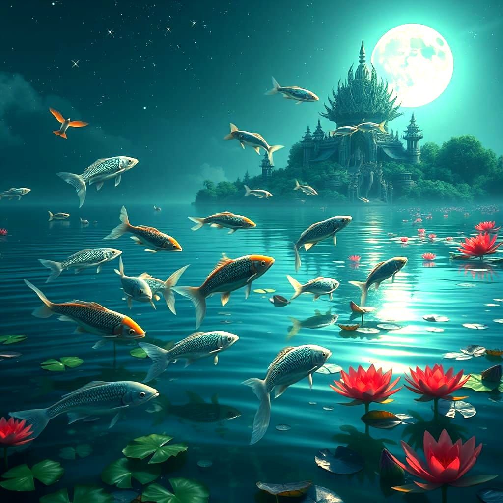 Fishes Dancing in Crystal Lake with Lotus, Digital Art