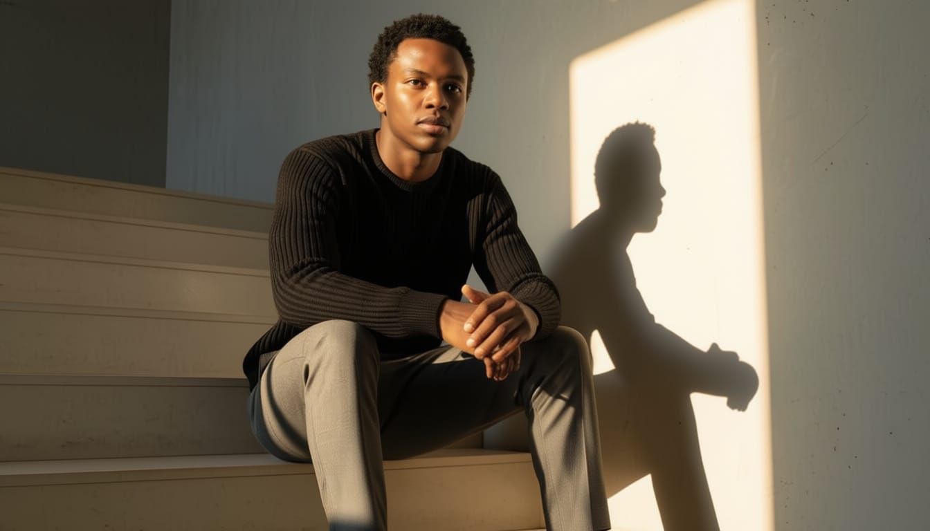 Young Man Bathed in Golden Sunlight on Stairs