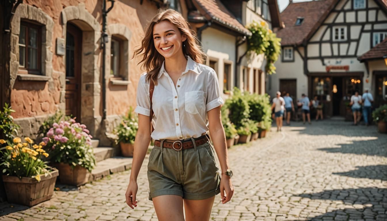 Smiling Girl Walks in Vintage German Village