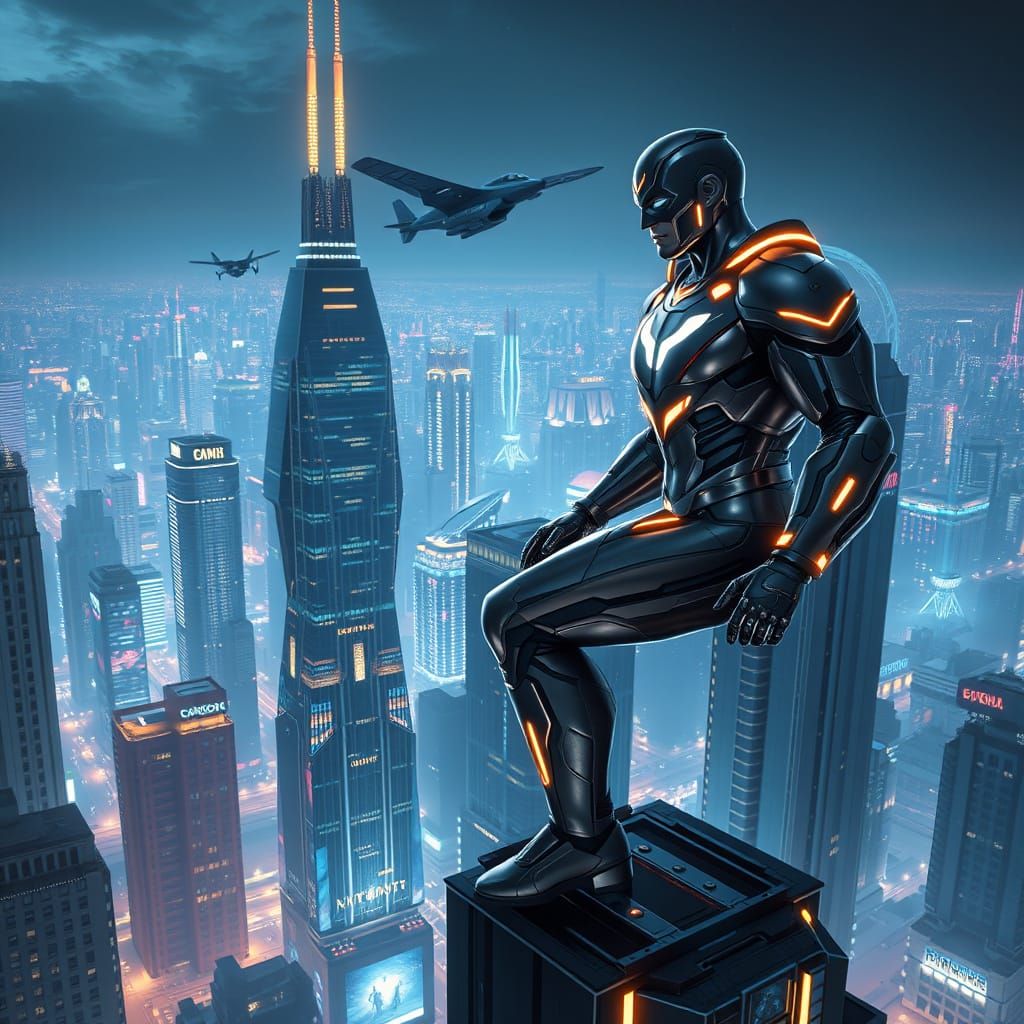 Superhero Overlooking Futuristic Cityscape at Night