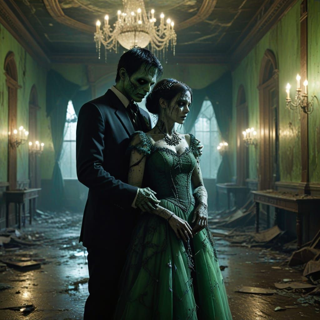 Zombie Prom Couple Dance in Gothic Ballroom