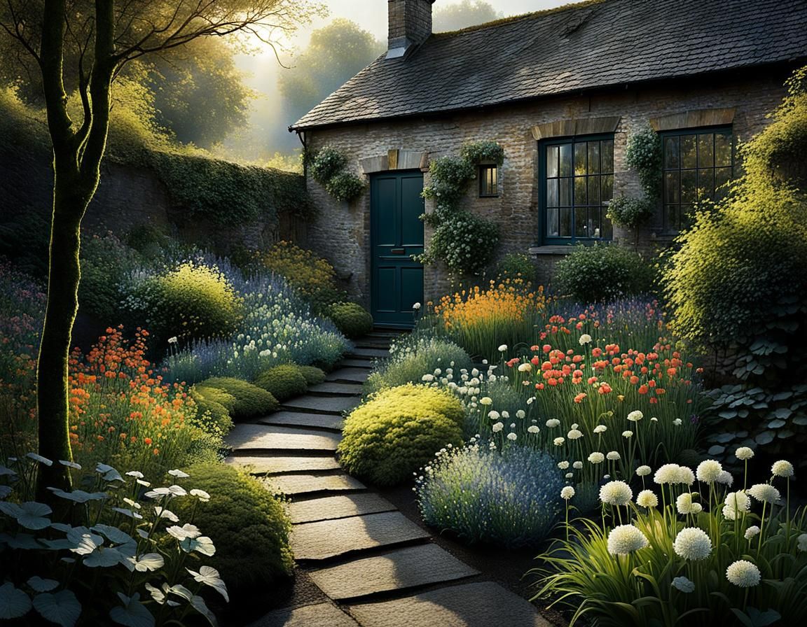 Sunlit Garden Between Dark Houses: Watercolor Style