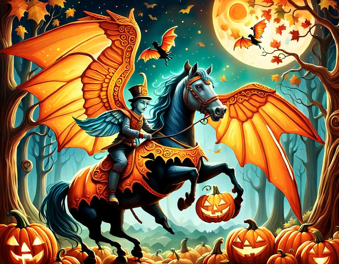 Winged Pumpkin Horse and Circus Rider in Fantasy Forest