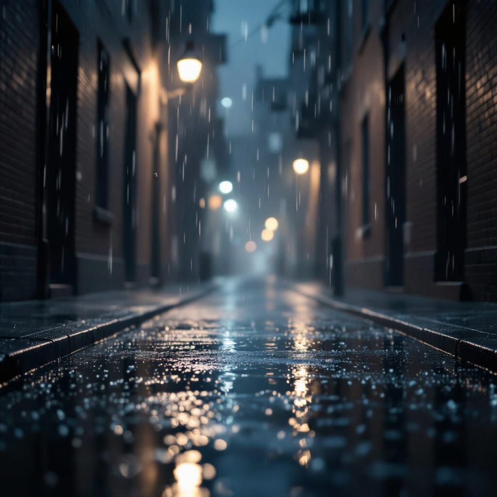 Cinematic Night Street Scene with Gentle Rain and Distant Li...